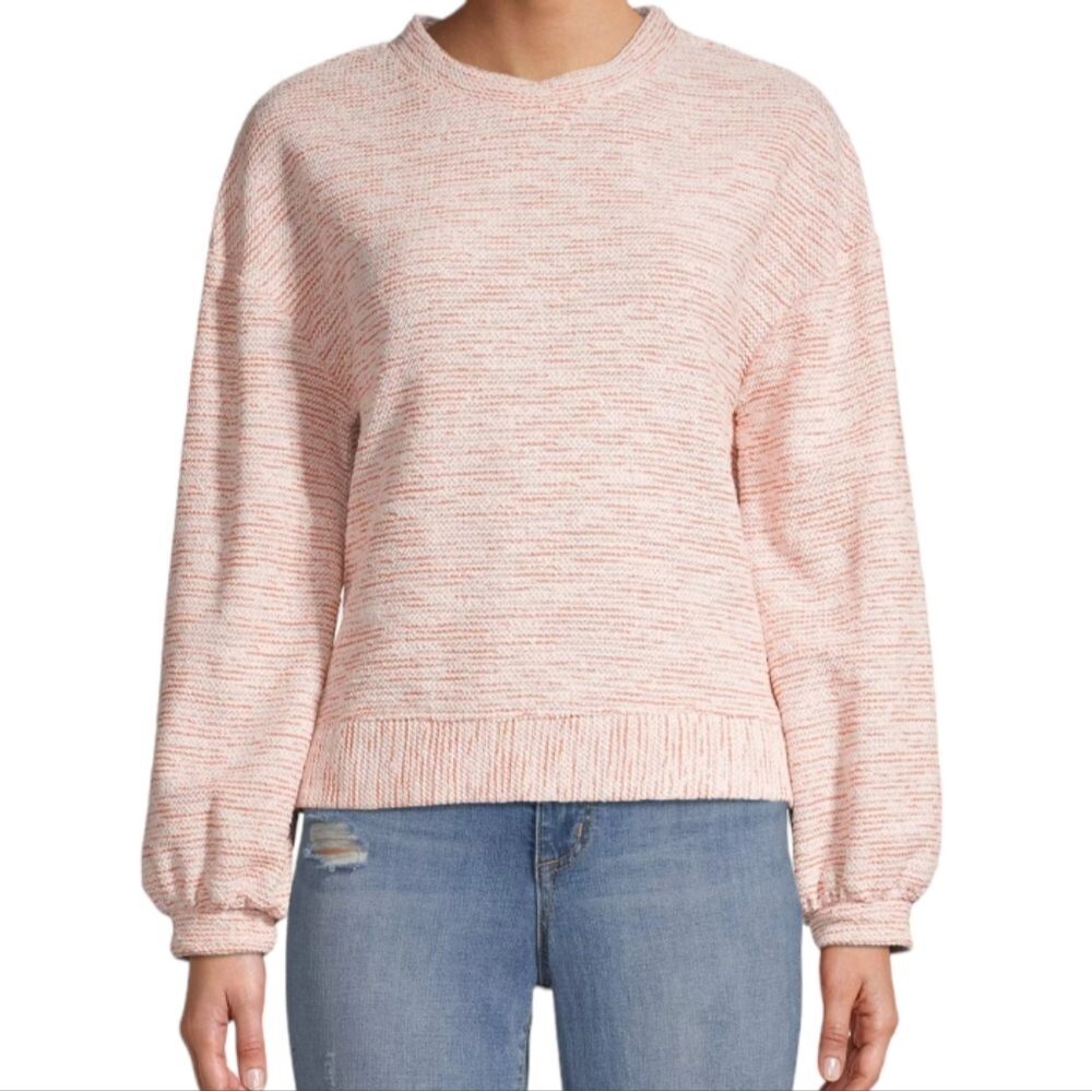 Pink and white Textured Knit Balloon Sleeve Drop Shoulder Pullover Sweat…